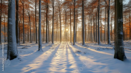 Sunbeams Through a Snowy Winter Forest photo