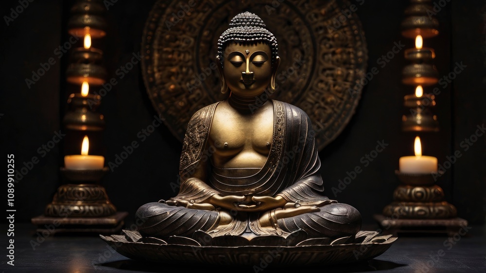 Fototapeta premium Statue of Buddha sitting in meditation with black space on the left hand side, ai