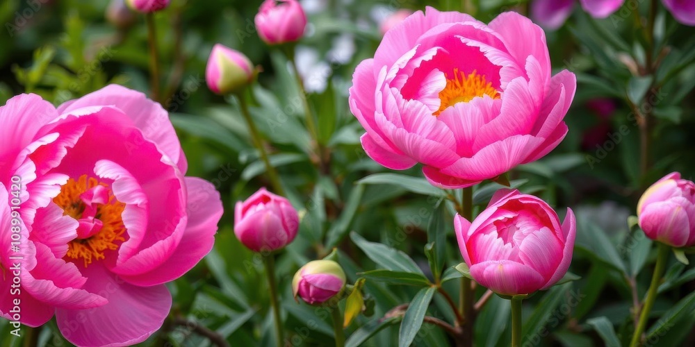 Fototapeta premium Pink peony flowers blooming in full splendor, creating a beautiful and elegant background for various design projects, garden, botanical