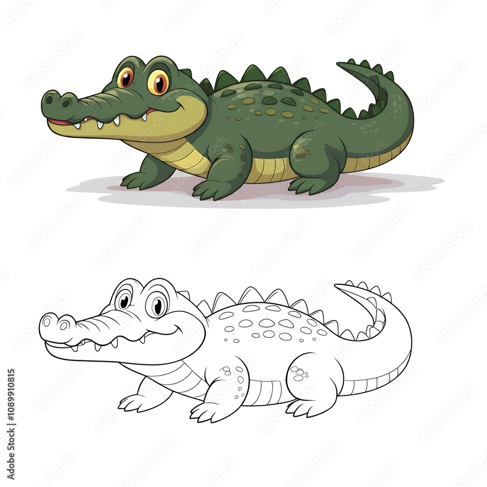 Obraz premium Cheerful Cartoon Crocodile Coloring and Illustration, Vibrant Green Alligator with Smiling Expression and Matching Line Art for Kids' Activities or Educational Fun.
