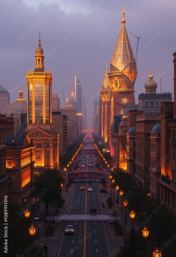 Fototapeta premium buildings and street lights line a city street at dusk