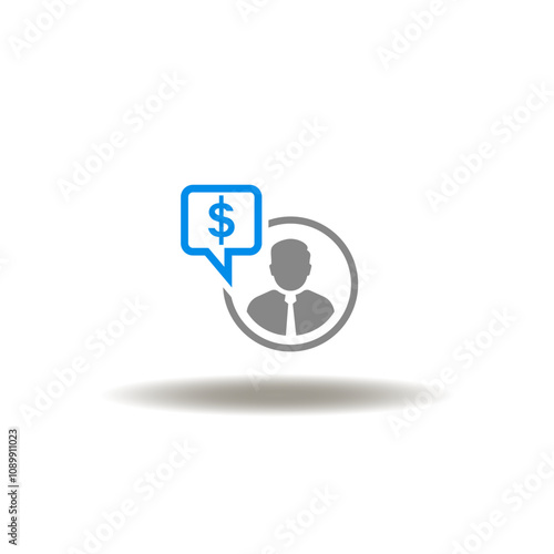 Vector illustration of business person and speech bubble with dollar currency. Symbol of financial advisor. Icon of finance consulting, advising.
