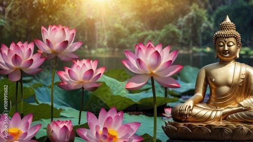 Beautiful of lotus flower and buddha image put together look like art . On the face of buddha has a little smiley. Buddhism in Thailand is popular. The culture of Thailand involved buddha, ai