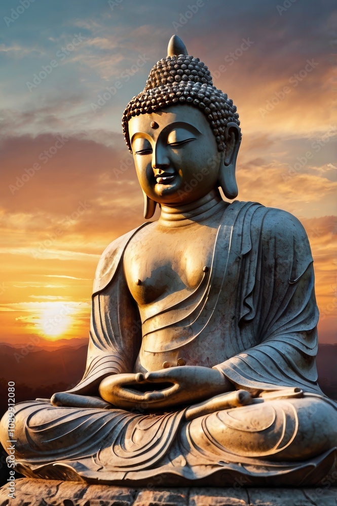 Obraz premium Abstract Beautiful Buddha With Sunset Sky Background, ai