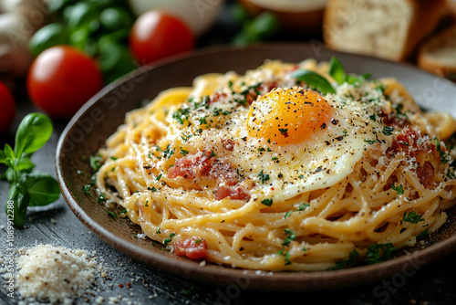 Spaghetti Carbonara – Pasta with pancetta, eggs, and Pecorino cheese, Italian Cuisine, expensive restaurant, top chef, 5 star cuisine, hotel, business or athlete healthy option, Michelin
menu, starter