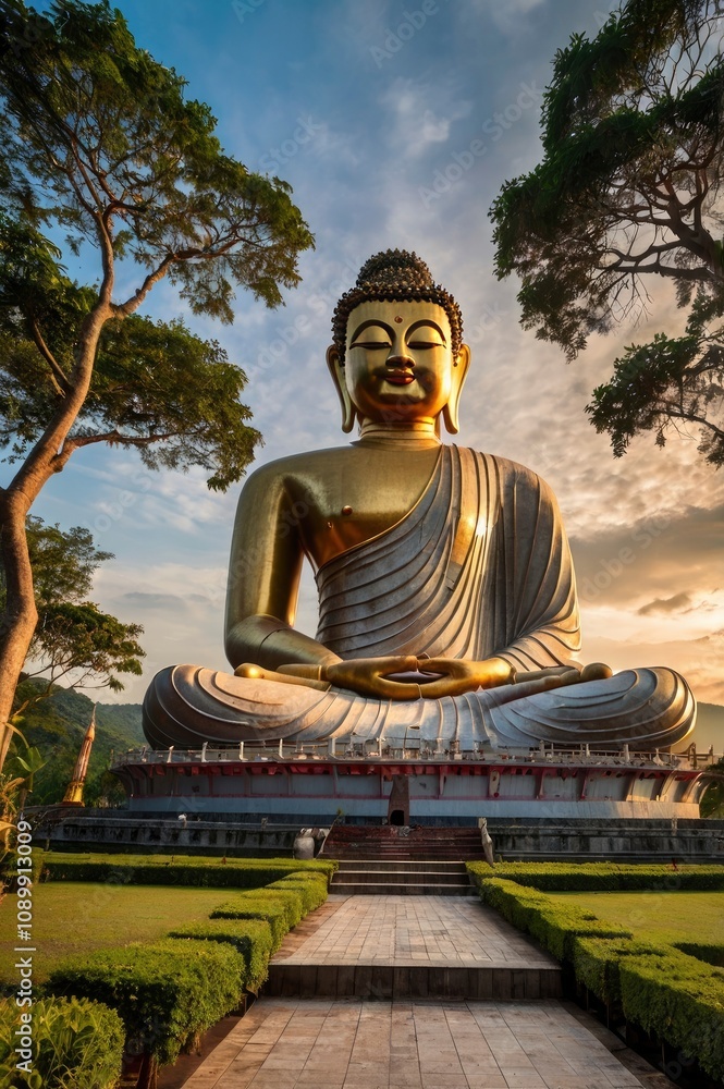 Fototapeta premium View of the Phuket Big Buddha statue at sunset, or The Great Buddha of Phuket (Wat Chalong), Built in the virgin rainforest on Khao Nakkerd Hill high above Phuket, ai