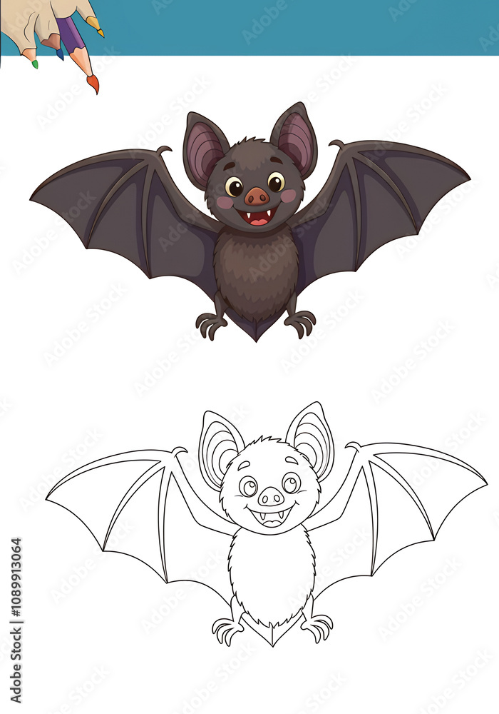 Fototapeta premium Cheerful Cartoon Bat Coloring and Illustration, Bat Matching Line Art for Kids' Activities or Educational Fun.