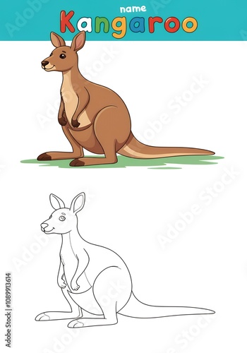 Cheerful Cartoon Kangaroo Coloring and Illustration, Kangaroo Matching Line Art for Kids' Activities or Educational Fun.