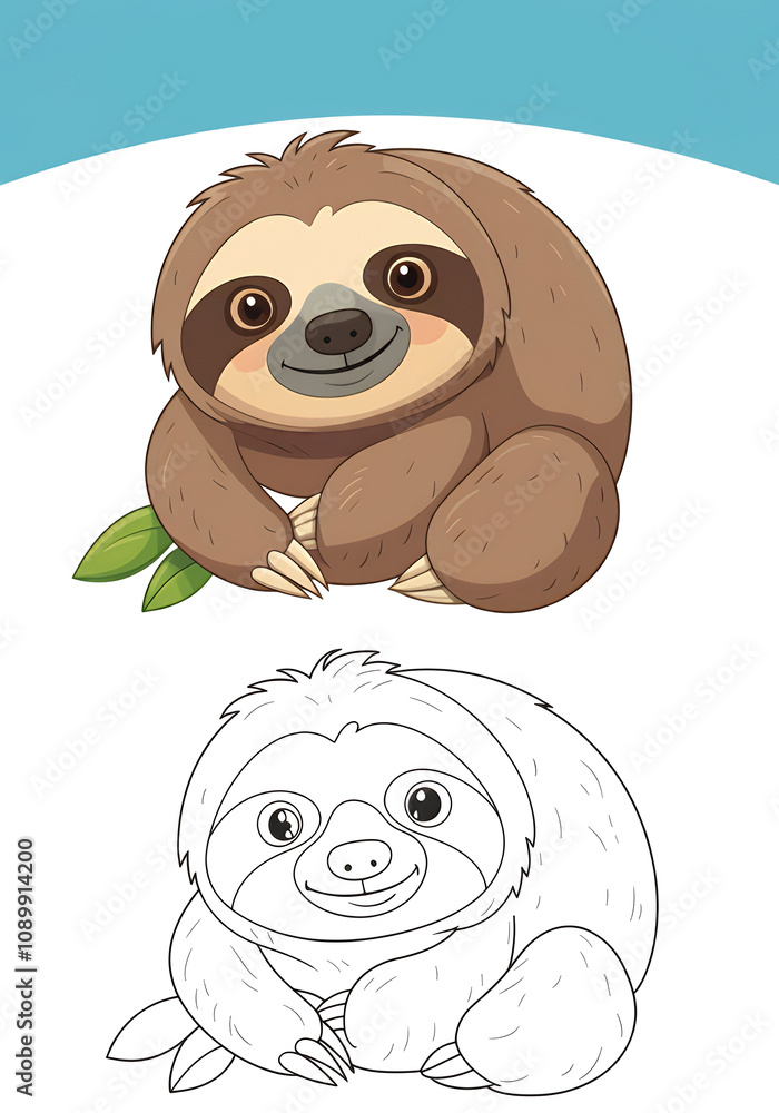 Obraz premium Cheerful Cartoon Sloth Coloring and Illustration, Sloth Matching Line Art for Kids' Activities or Educational Fun.