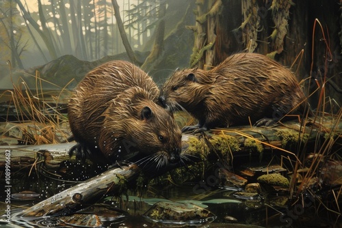 Group of beavers playfully gathered near a stream in a lush forest during the afternoon sunlight