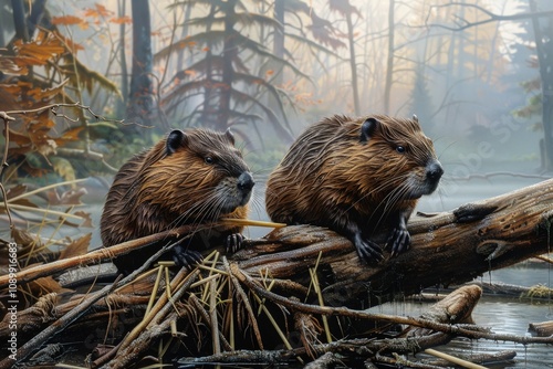 Group of beavers playfully gathered near a stream in a lush forest during the afternoon sunlight