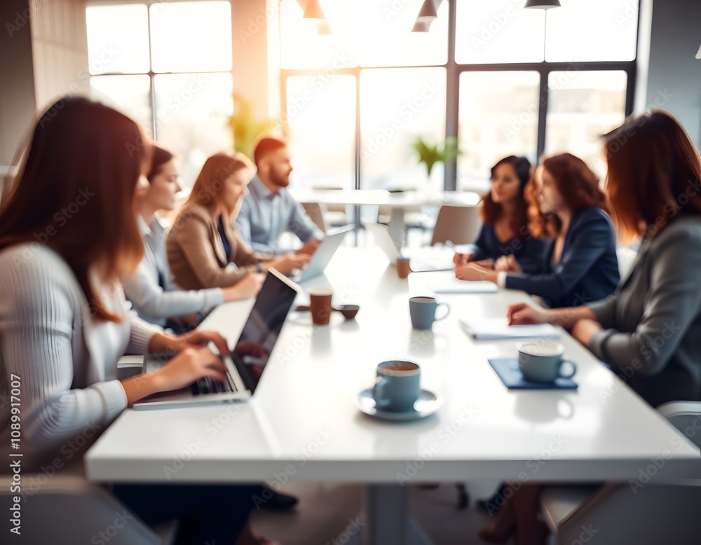 Fototapeta premium A softly blurred image depicts a group of business professionals gathered around a sleek table in a modern, open-concept office