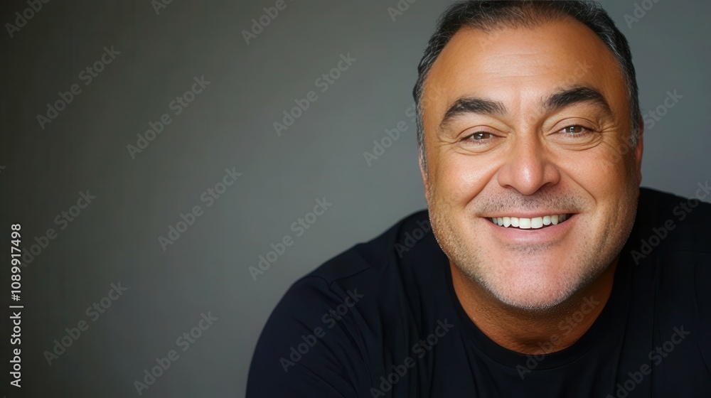 Fototapeta premium A man with short hair beams joyfully, showcasing a broad smile and a friendly expression while positioned against a subtle gray backdrop. His warmth is infectious