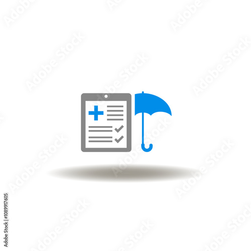 Vector illustration of medical checklist and umbrella. Symbol of medicine insurance. Icon of health care.