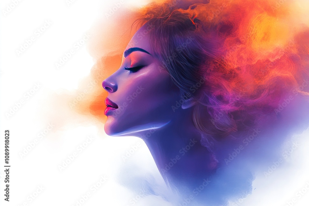Fototapeta premium Serene Woman Profile with Vibrant Hair and Color