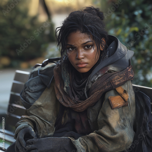 A young homeless African American woman sits on a park bench. Sher is wearing dirty torn clothes and has a sad solemn gaze. photo