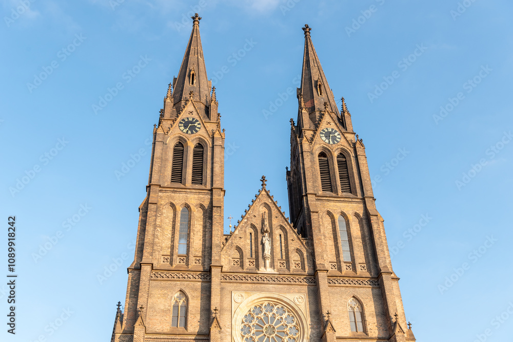 Fototapeta premium Neo-Gothic Catholic church at Namesti Miru (Peace Square) in Prague's Vinohrady, built on plans of Josef Mocker in 1888–1892. It is named in honor of St. Ludmila of Bohemia.