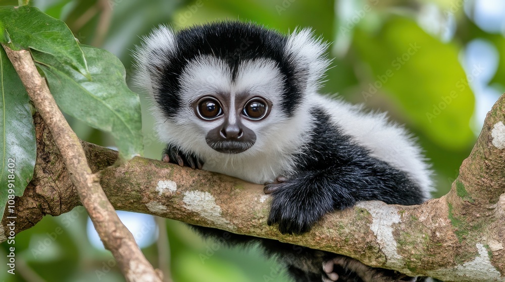 Obraz premium A small, fluffy black and white monkey sits on a thick branch, gazing curiously. Lush green foliage surrounds its vibrant habitat, showcasing its playful yet calm demeanor