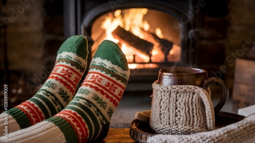 Wallpaper Mural Cozy Winter Vibes: Snuggly Holiday Socks by the Fireplace with a Warm Mug of Coffee, Capturing the Essence of Comfort and Relaxation on a Chilly Day Torontodigital.ca