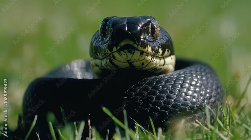 Obraz premium A black snake rests coiled on green grass, showcasing its intriguing patterns and texture under the sunlight. The setting is a natural outdoor environment