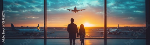 Family standing in front of a window looking at an airplane photo