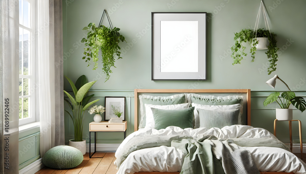 Naklejka premium Elegant Bedroom Scene with Blank Poster Frame for Customization