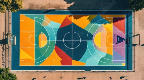 an outdoor basketball court, featuring vibrant geometric symmetrical patterns in bold colors, showcasing modern design.