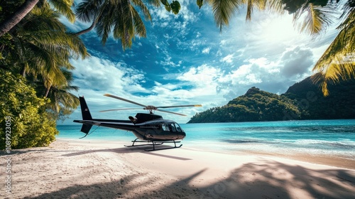 A sleek helicopter parked on a lush tropical island, surrounded by turquoise waters and white sandy beaches under a bright sky