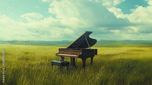 grand piano placed in the middle of a vast green savannah, perfect for a music concept or album cover.