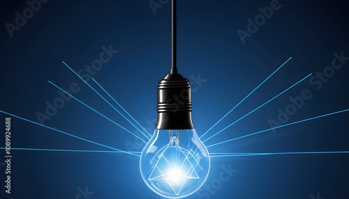futuristic illustration of a light bulb, Lines of light from intricate lights connected to a larger network. Dark blue background