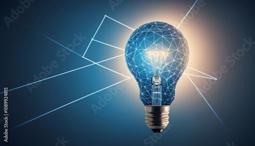 futuristic illustration of a light bulb, Lines of light from intricate lights connected to a larger network. Dark blue background