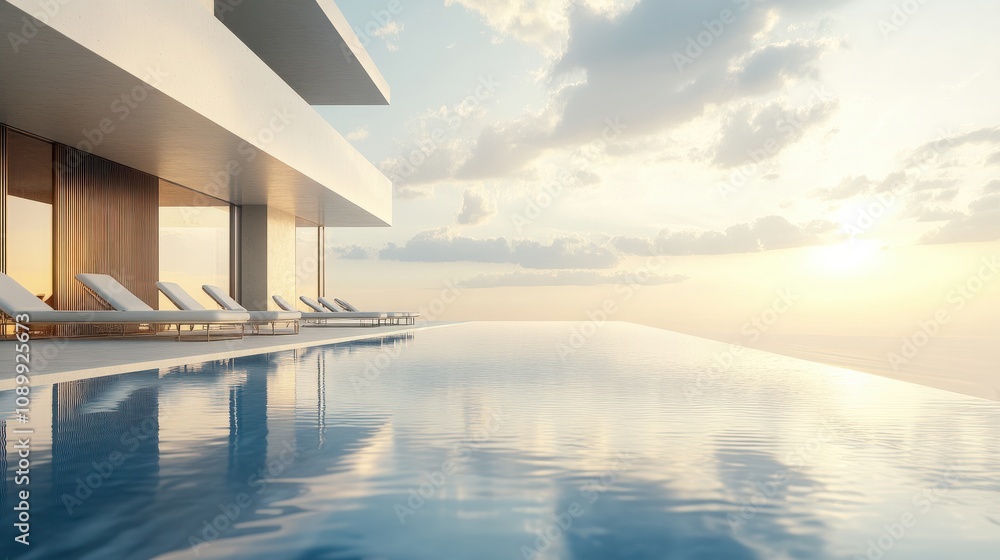 Fototapeta premium A wide view of a serene, empty swimming pool with comfortable loungers beside it, reflecting the calm atmosphere of a luxurious retreat.