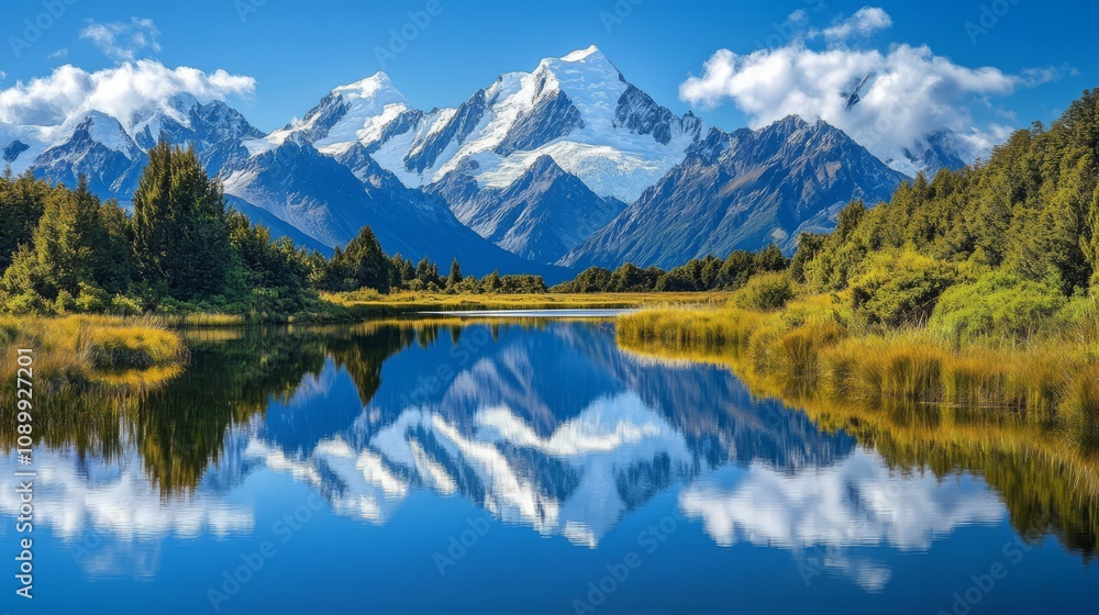 Fototapeta premium Majestic snow-capped mountains reflected in a serene lake.