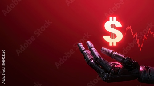 AI Investment Disruption Concept. A robotic hand holds a glowing dollar symbol against a red background, suggesting themes of finance, technology, and innovation. photo