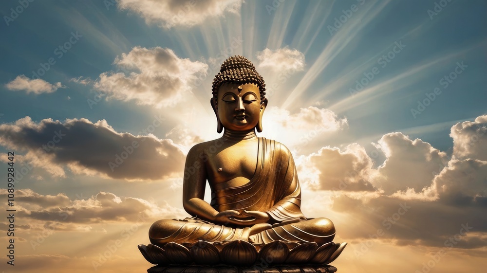 Fototapeta premium Buddha statue with cloud and sun rays background, copy space for text, ai