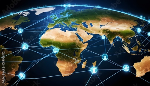 Digital photographic illustration of planet earth global communication network or connected data streams shining. Reach of modern technology.