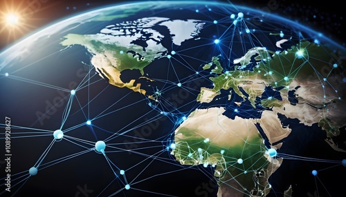 Digital photographic illustration of planet earth global communication network or connected data streams shining. Reach of modern technology.