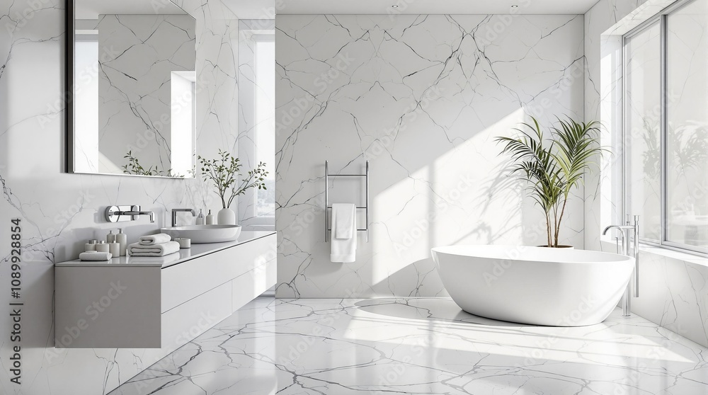 Fototapeta premium Modern minimalist bathroom with white marble and freestanding tub