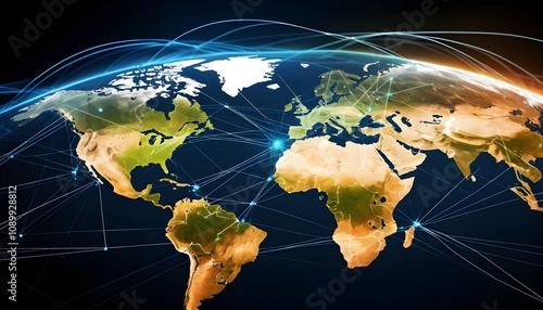 Digital photographic illustration of planet earth global communication network or connected data streams shining. Reach of modern technology.
