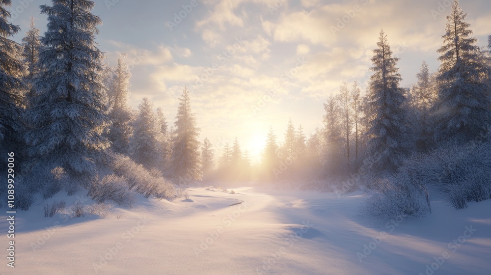 Fototapeta premium Snow-Covered Forest with Sunbeams Breaking Through Clouds