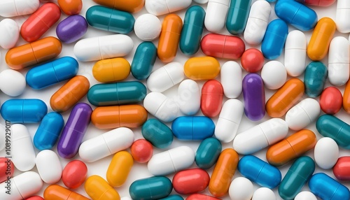 background photo of colorful capsules and round medicines. The capsules are arranged randomly, health, vitamins