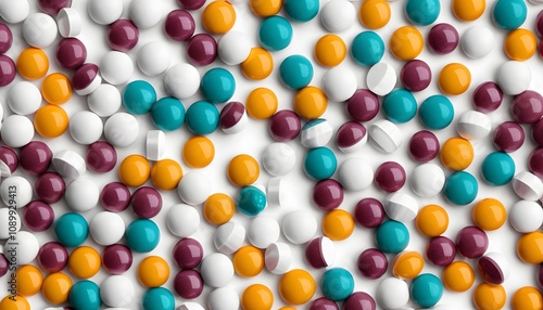 background photo of colorful capsules and round medicines. The capsules are arranged randomly, health, vitamins