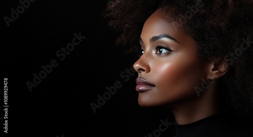 A close-up portrait of a beautiful black woman with long shiny hair and make-up . Haircare, beauty and cosmetics concept. photo