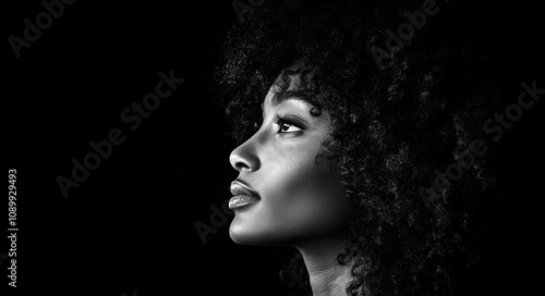 A close-up portrait of a beautiful black woman with long shiny hair and make-up . Haircare, beauty and cosmetics concept. photo