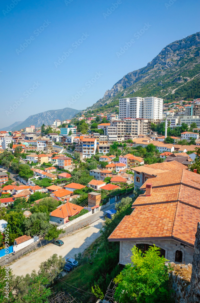 Beautiful view from Kruja castle on old town Kruja, Albania