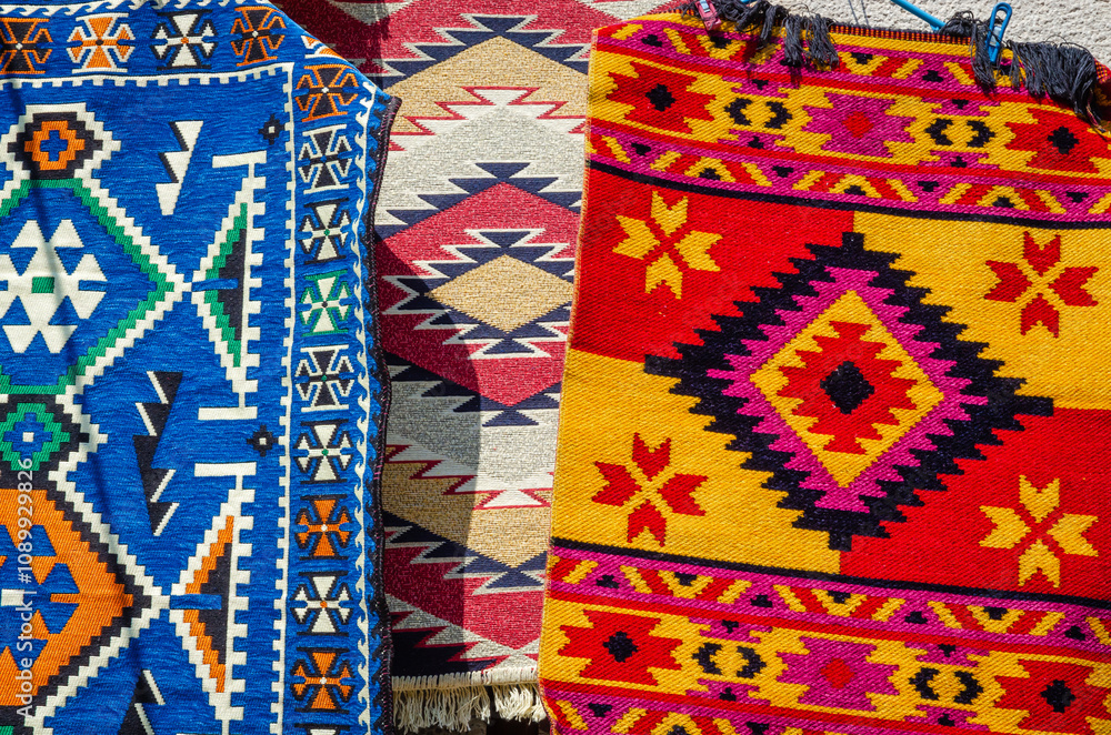 Beautiful traditional Albanian carpets in Ottoman market in old town Kruja, Albania