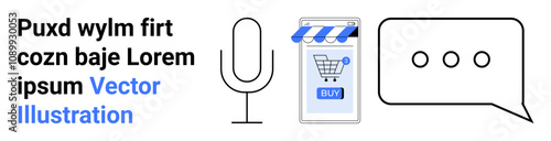 Microphone, mobile shopping cart with Buy button, and chat bubble with three dots. Ideal for digital communication, e-commerce, online shopping, customer support, social media, podcasts, and mobile