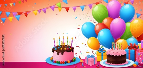 birthday background photo, cake and candles, colorful gifts, colorful balloons on top