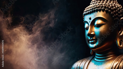 Mystical Buddha Background - ethereal colored gaseous vapours rising up with a partial Buddha head emerging from the darkness on left side and copy space on right, ai photo