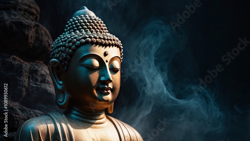 Mystical Buddha Background - ethereal colored gaseous vapours rising up with a partial Buddha head emerging from the darkness on left side and copy space on right, ai photo